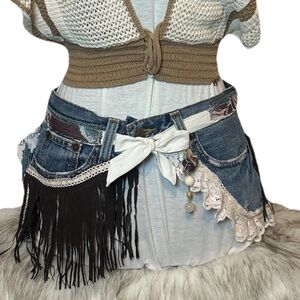 Upcycled OOAK Boho Chic Concert Western
Denim Belt Fring Tassels Lace Sz 30-33"
